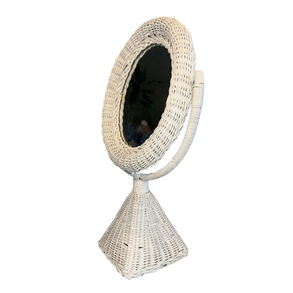 Vintage White Wicker Vanity Mirror Makeup Pedestal Tilting Shabby Chic Boho 17" - Picture 1 of 9